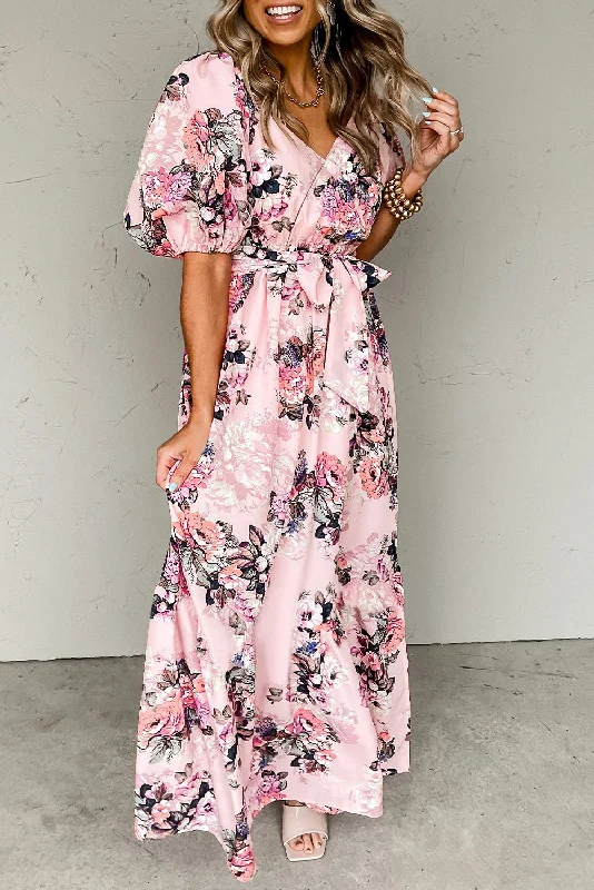 Floral Puff Sleeve High Waist Maxi Dress Comfortable Cotton Maxi Dress