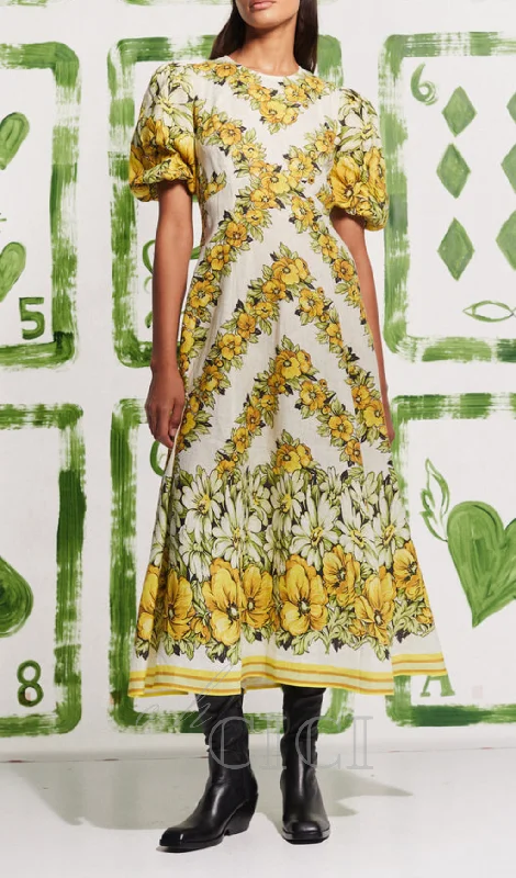 ALYSSA FLORAL PRINT MIDI DRESS IN YELLOW Trendy Ruched Side Midi Dress