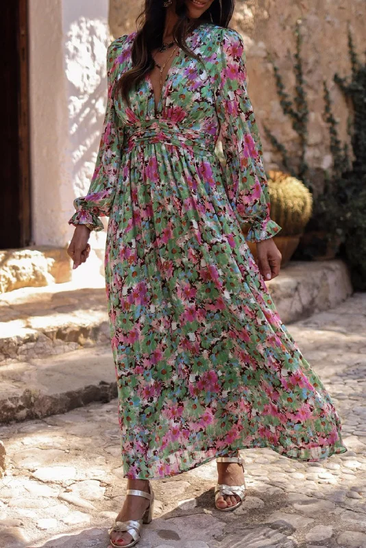 Green Floral Print Deep V Neck Ruched Cinched Waist Maxi Dress Cozy Open-Back Maxi Dress