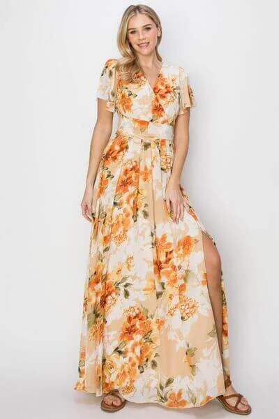 Floral Tie Back Short Sleeve Slit Maxi Dress Chic Off-Shoulder Maxi Dress