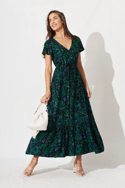 Ingra Maxi Dress In Emerald With Green And Blue Floral Elegant Tiered Maxi Dress