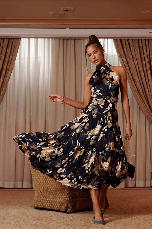 Khalo Maxi Dress In Navy Floral Satin Cozy Open-Back Maxi Dress