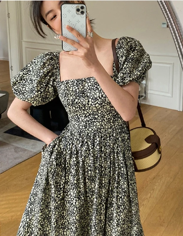 Korean Fashion Floral Maxi Dresses Puff Sleeve Sexy Low Cut Beach Long Dresses Elegant Casual Ladies Women Dresses Summer Cozy Maxi Dress with Slit