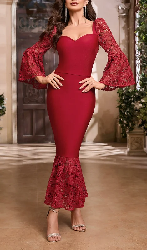 LACE SLEEVE MERMAID MAXI DRESS IN RED Comfortable Ruffle Maxi Dress