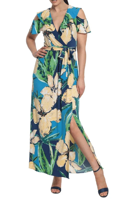 London Times T6230M - Cold Shoulder Floral Maxi Dress Comfortable Bohemian Maxi Dress