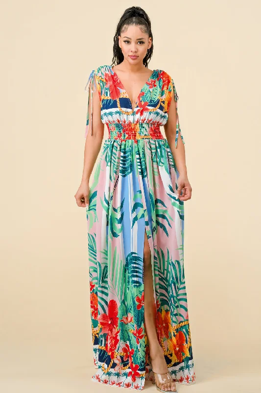 Long Cap Sleeve Tropical Print Maxi Dress Trendy Maxi Dress with Straps