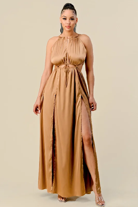 Long Front Cutout Tie Slit Maxi Dress Cozy Ruffle Sleeve Maxi Dress