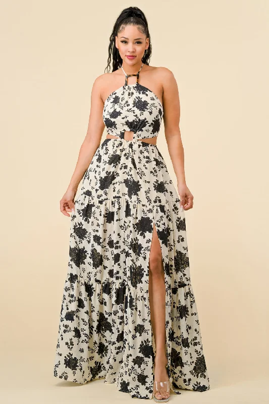 Long Halter Neck Printed Maxi Dress Trendy Maxi Dress with Lace