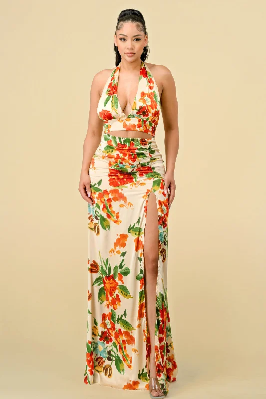 Long Halter Neck Printed Ruched Maxi Dress Fashionable Chiffon Tiered Maxi Dress