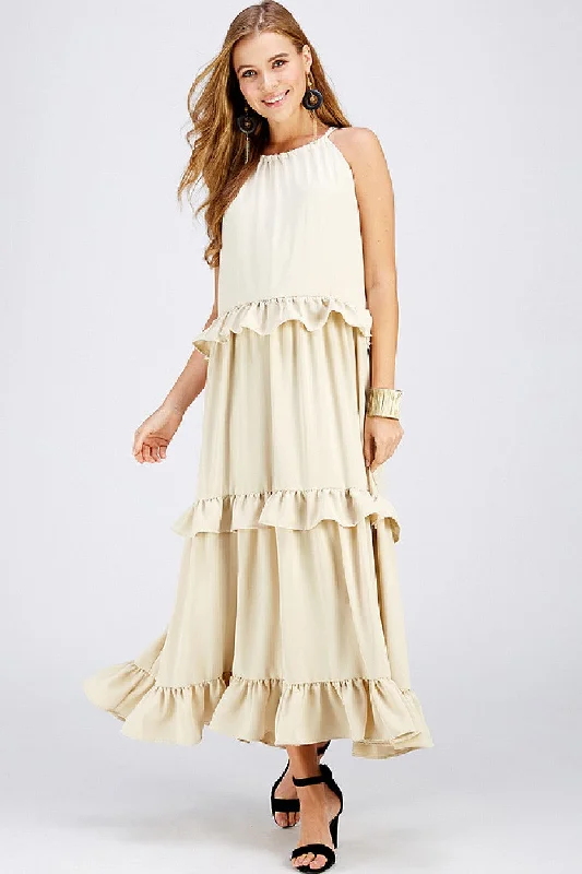 Long Halter Neck Ruffled Maxi Dress Elegant Maxi Dress with Pockets