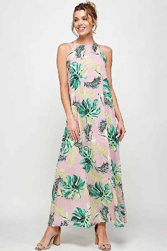 Long Halter Neck Tropical Print Maxi Dress Stylish Long Sleeve Maxi Dress