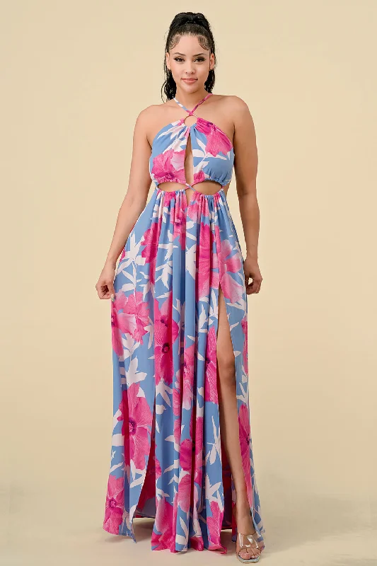 Long Halter Printed Slit Maxi Dress Comfortable Ruffle Hem Maxi Dress