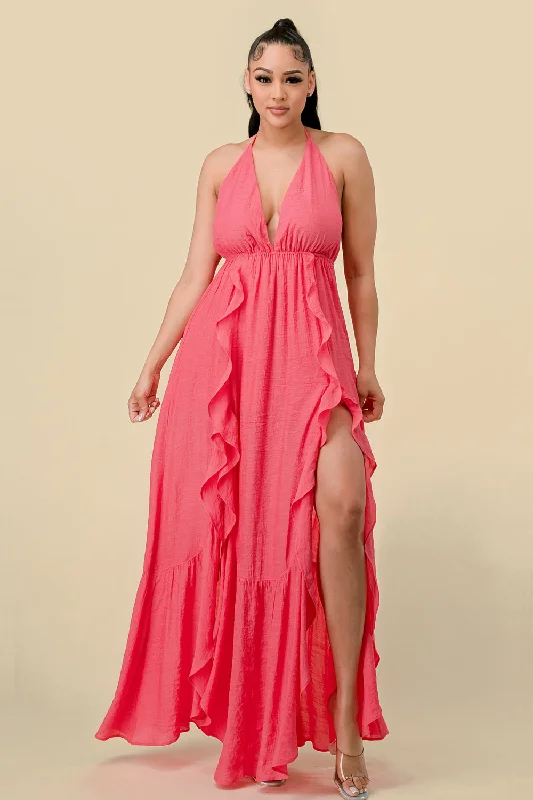 Long Halter Ruffled Slit Maxi Dress Elegant Pleated Maxi Dress