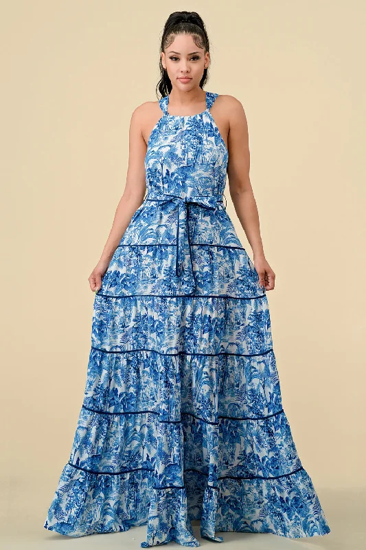 Long Halter Tiered Printed Maxi Dress Trendy Fit-and-Flare Maxi Dress