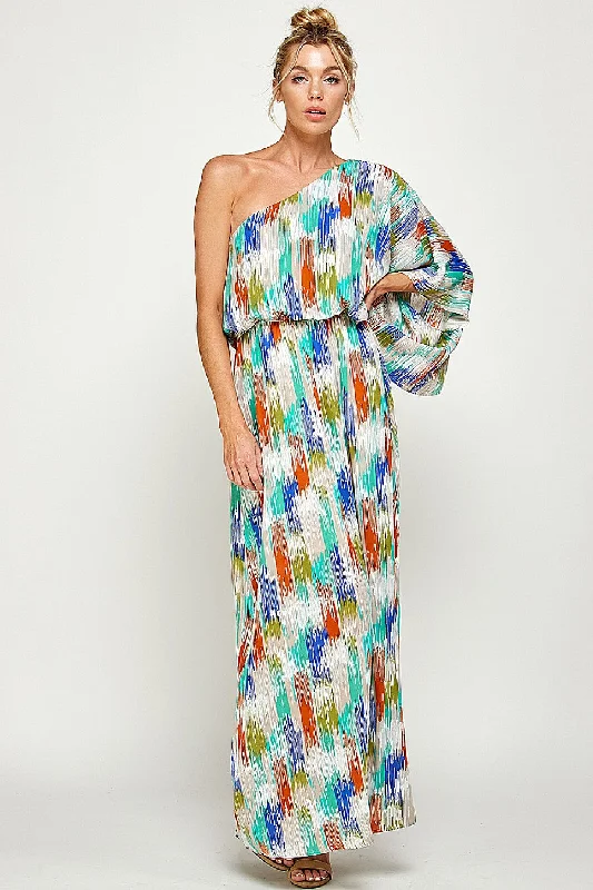 Long One Shoulder Brushed Print Maxi Dress Cozy Spaghetti Strap Maxi Dress