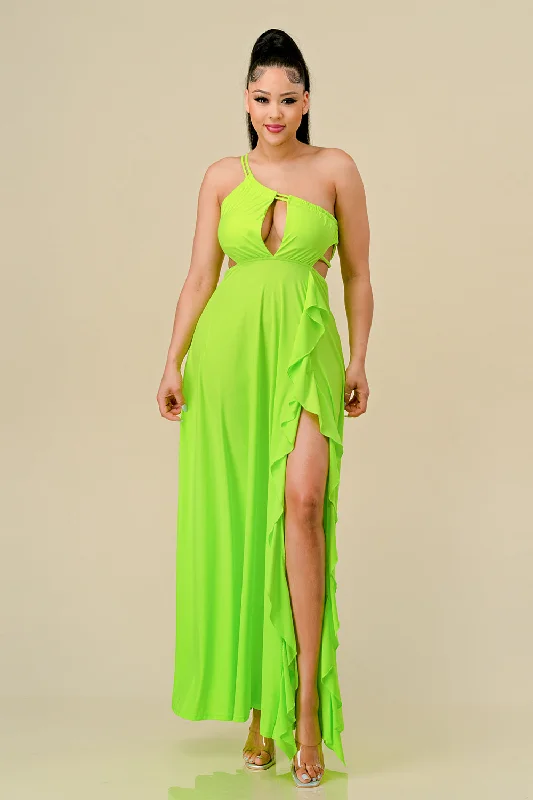 Long One Shoulder Ruffled Maxi Dress Elegant Maxi Dress with Slit