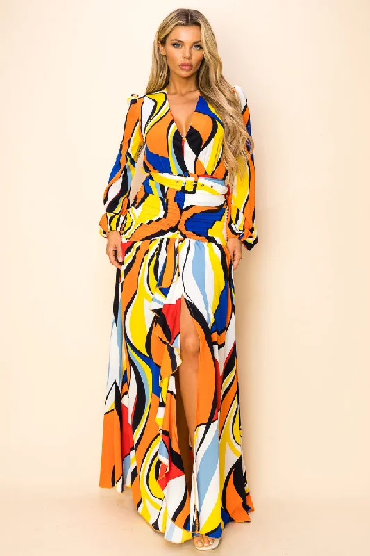 Long Printed Long Sleeve Slit Maxi Dress Stylish Off-Shoulder Maxi Dress