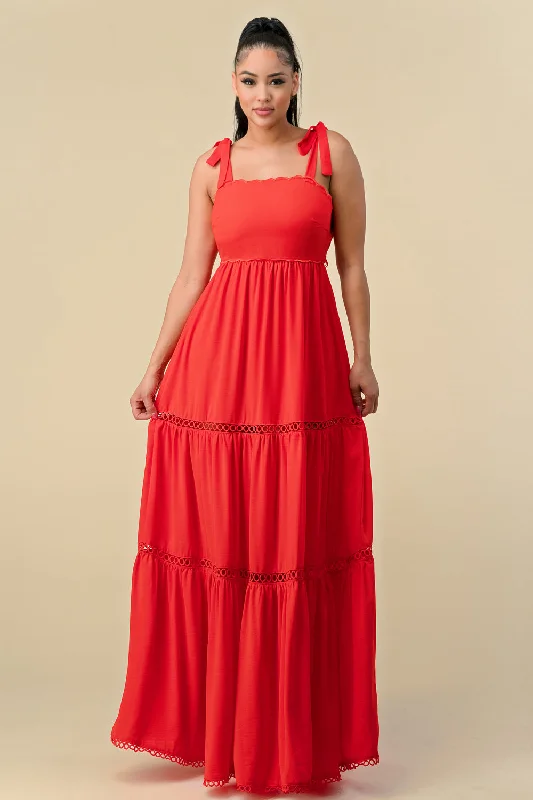 Long Shoulder Tie Scallop Maxi Dress Trendy Maxi Dress with Bow