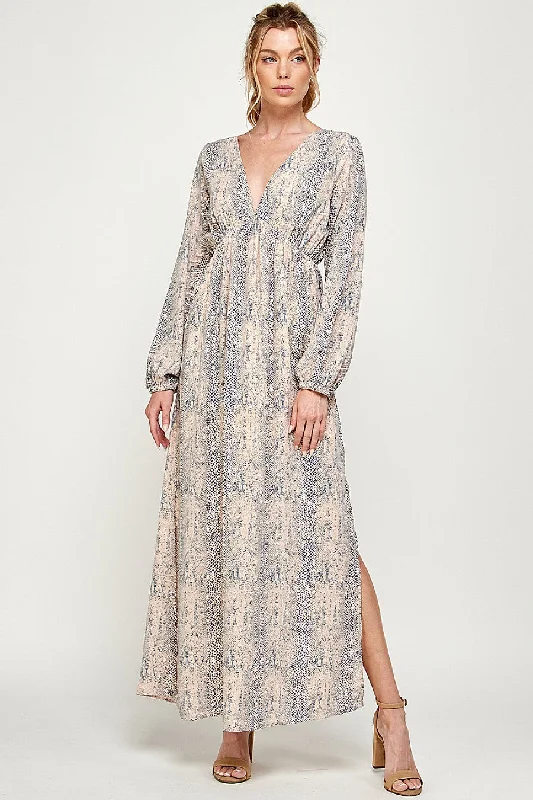 Long Sleeve Animal Print Maxi Dress Trendy Maxi Dress with Belt