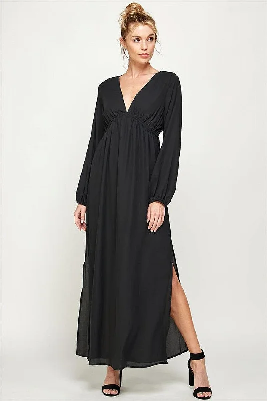 Long Sleeve Side Slit Maxi Dress Elegant Wraparound Maxi Dress