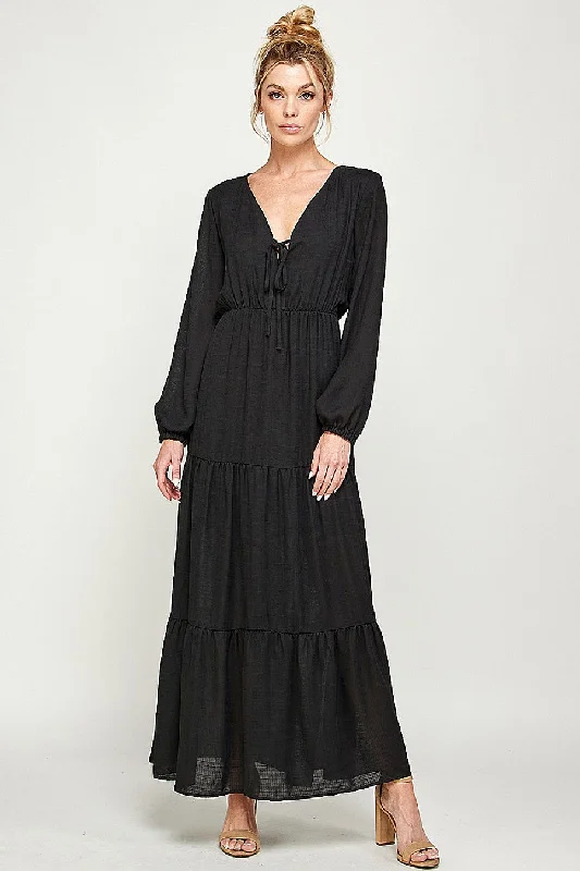 Long Sleeve V Neck Maxi Dress Trendy Ruffled Maxi Dress