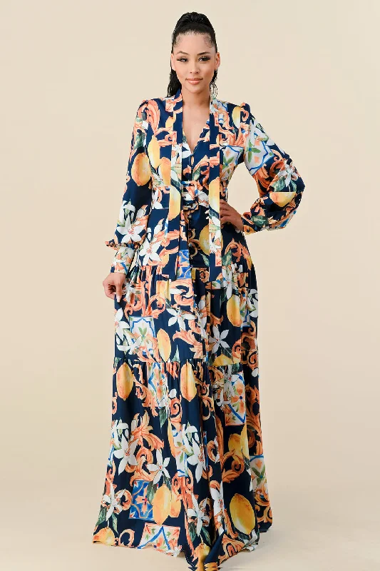 Long Sleeve V Neck Print Maxi Dress Cozy Knit Maxi Dress