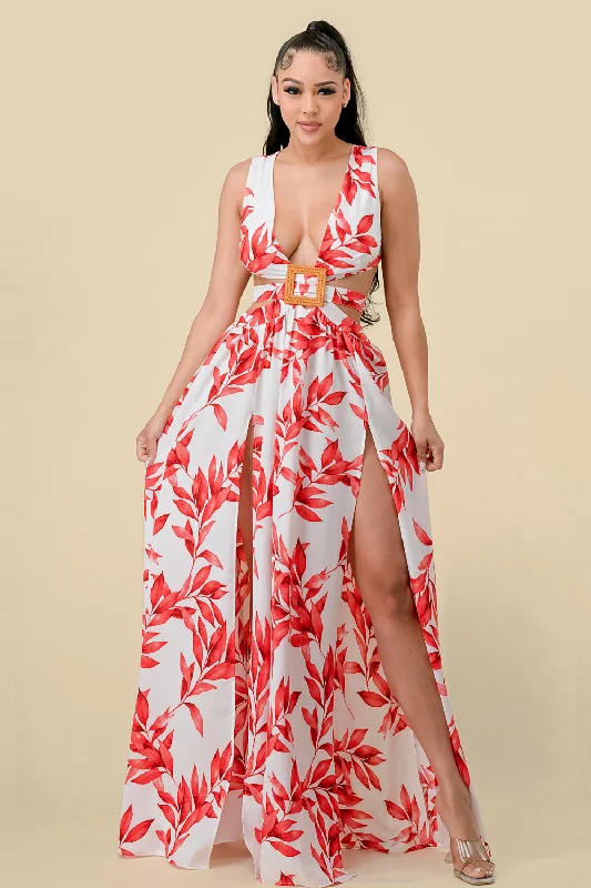 Long Sleeveless Printed Maxi Dress Stylish Maxi Dress with Frills