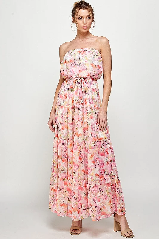 Long Strapless Floral Print Maxi Dress Fashionable Button-Down Maxi Dress