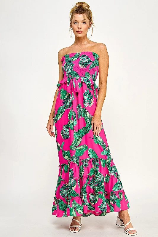 Long Strapless Floral Tiered Maxi Dress Comfortable Fit-and-Flare Maxi Dress