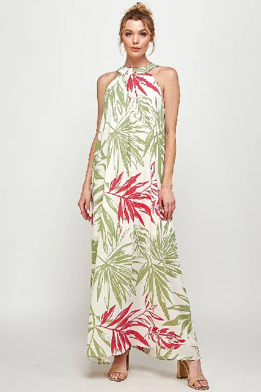 Long Tropical Print Halter Maxi Dress Chic Summer Maxi Dress