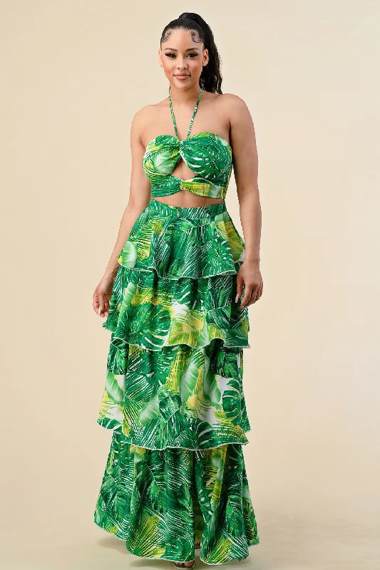 Long Tropical Print Ruffle Halter Maxi Dress Comfortable T-Shirt Maxi Dress