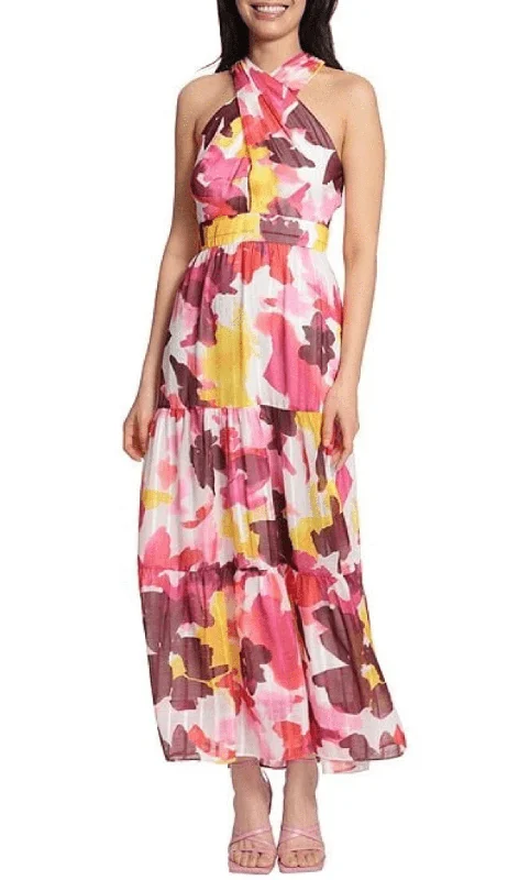 Maggy London G5234M - Printed Crisscross Halter Maxi Dress Cozy Open-Back Maxi Dress