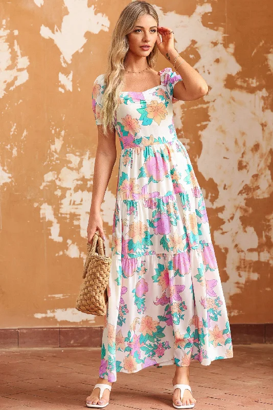 Multicolor Square Neck Puff Sleeve Tiered Floral Maxi Dress Fashionable Faux Wrap Maxi Dress