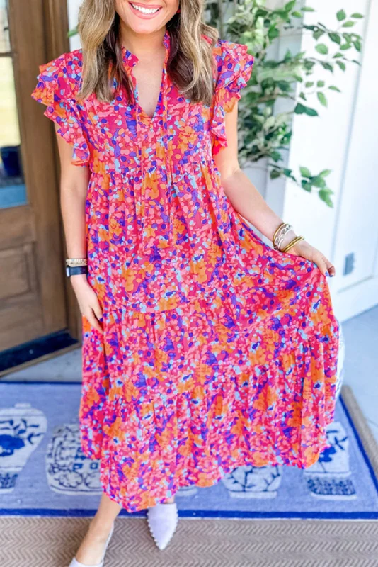Multicolour Abstract Floral Print Ruffle Tiered Sleeve Midi Dress Fashionable Skater Midi Dress Multicolour Abstract Floral Print Ruffle Tiered Sleeve Midi Dress Fashionable Skater Midi Dress