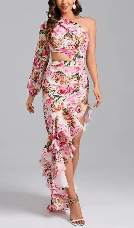 ONE SHOULDER FLORAL MAXI DRESS IN PINK Cozy Wrap Maxi Dress