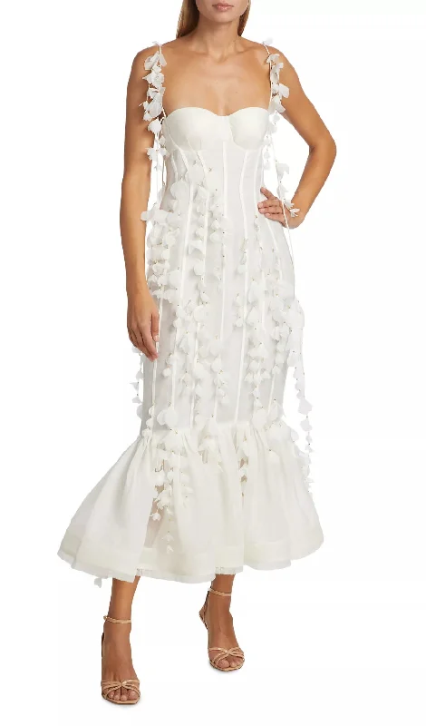 PETAL APPLIQUÉ LINEN-SILK CORSET MIDI DRESS IN WHITE Stylish Midi Dress with Cuffs
