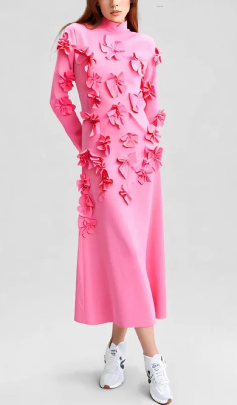 PINK FLOWER EMBELLISHED LONG SLEEVES MAXI DRESS Trendy Maxi Dress with Bow