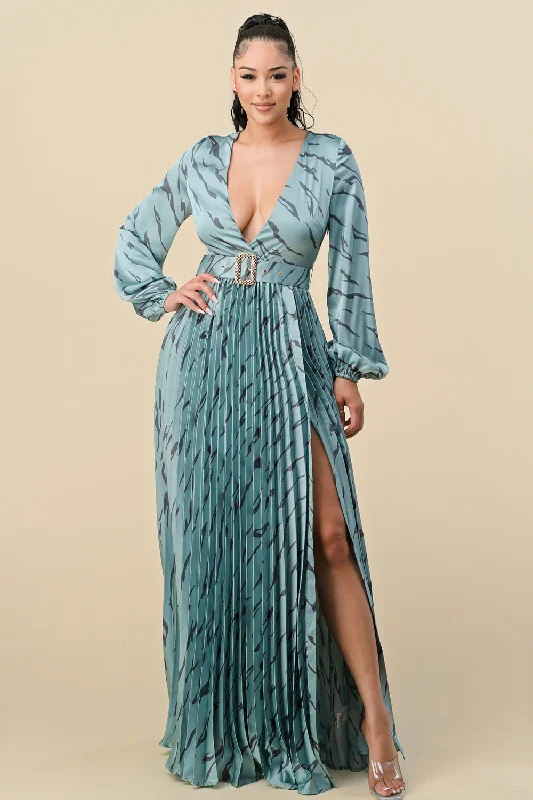 Printed Long Sleeve V Neck Belt Maxi Dress Elegant Silk Maxi Dress