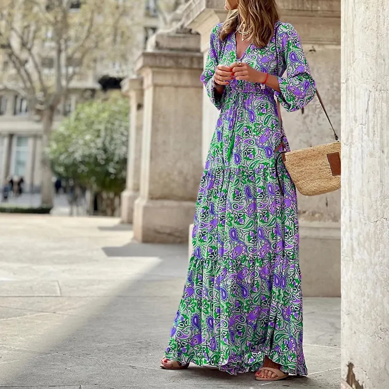 Ramadan /Eid Women Fashion Casual Bohemian Print Long Sleeve Maxi Dress Elegant Silk Maxi Dress