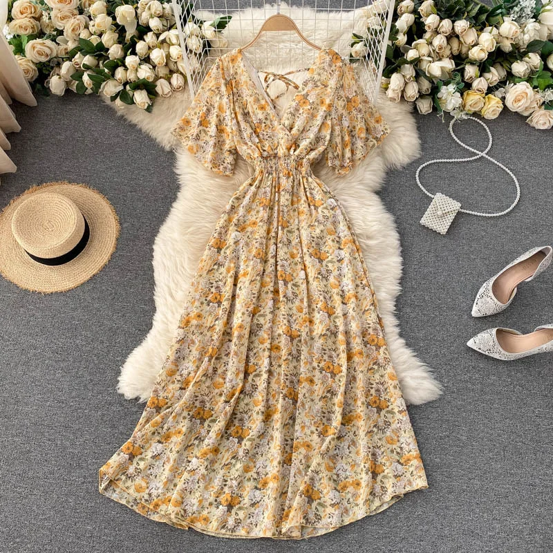 Retro Floral Print Ruffle Chiffon Elegant Midi Dress A-line V Neck Beach Vacation Dress Women Korean Fashion Summer Vestidos Elegant Sleeveless Midi Dress Retro Floral Print Ruffle Chiffon Elegant Midi Dress A-line V Neck Beach Vacation Dress Women Korean Fashion Summer Vestidos Elegant Sleeveless Midi Dress