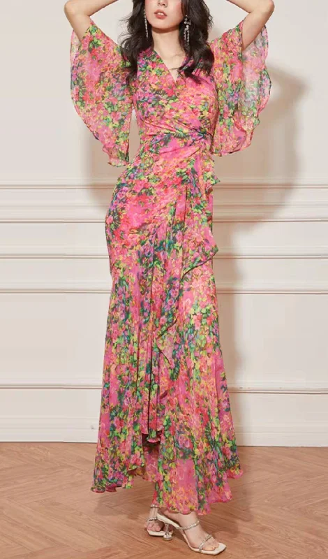 RETRO V-NECK FLORAL MAXI DRESS IN ROSE PINK Classic Strapless Maxi Dress