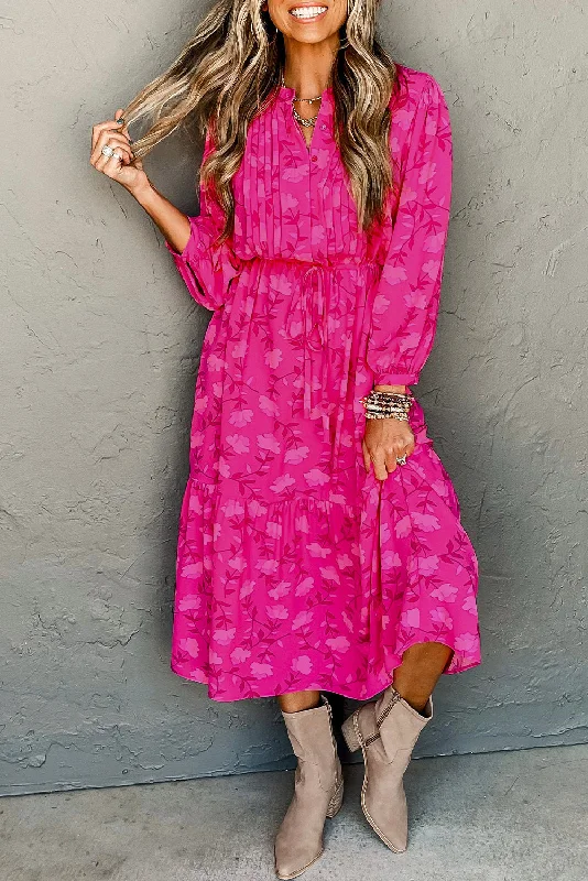 Rose Red Floral Print Pleated Drawstring High Waist Midi Dress Stylish Wraparound Midi Dress Rose Red Floral Print Pleated Drawstring High Waist Midi Dress Stylish Wraparound Midi Dress