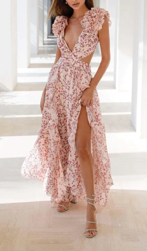 RUFFLED FLORAL CUTOUT MAXI DRESS Cozy Maxi Dress with Slit