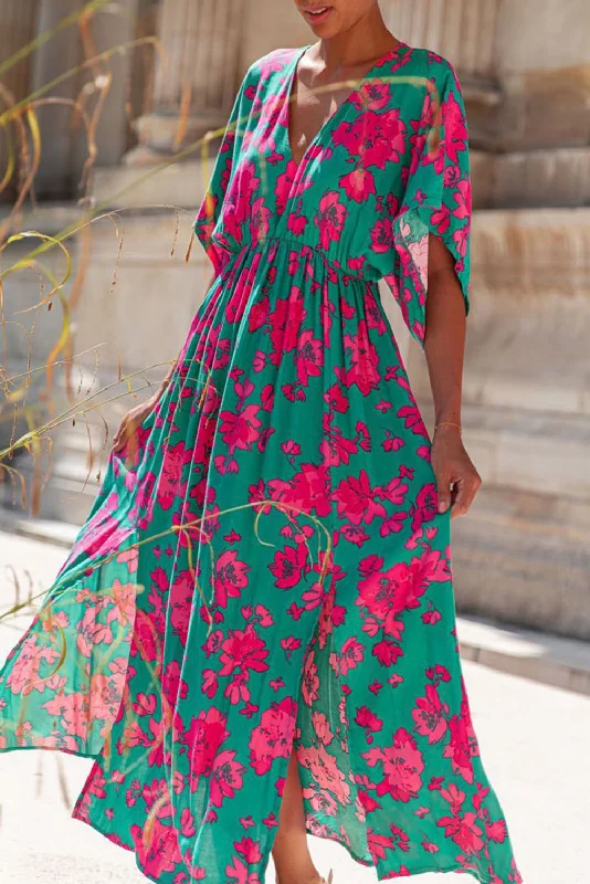 Sea Green Printed V Neck Short Sleeve Split Flared Maxi Dress Fashionable Button-Down Maxi Dress