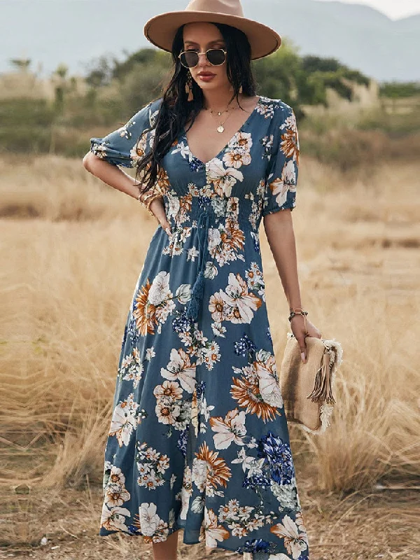 Spring Summer Long Floral Bandage Dress Women Sexy V Neck Slim High Waist Ladies A Line Print Maxi Dresses Stylish A-Line Maxi Dress