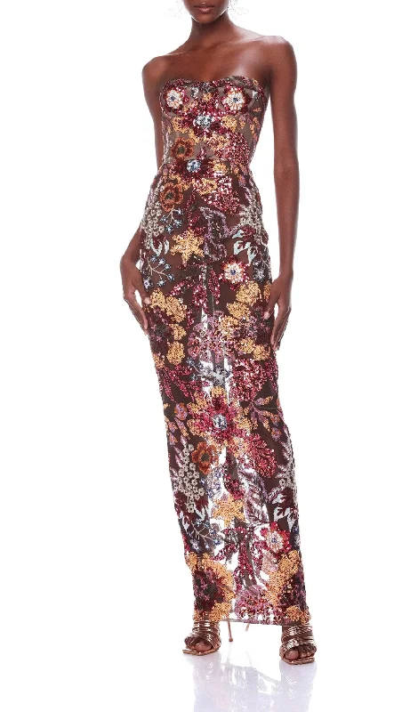 STRAPLESS FLORAL SEQUIN MAXI DRESS Trendy Off-Shoulder Ruffle Maxi Dress