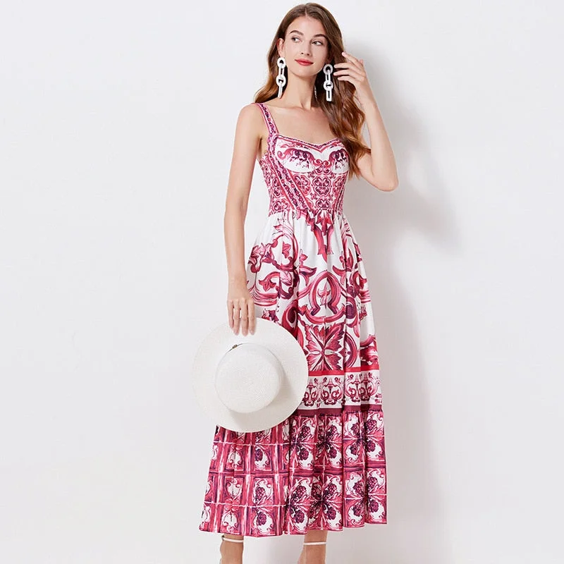 Summer Dress Women Runway Rose Flower Bohemian Spaghetti Strap Floral Print Backless Vacation Party Maxi Dresses Elegant Boho Maxi Dress