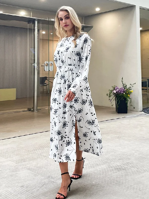 Summer New Design Women Floral print Split Long Sleeved Maxi Dress Comfortable Pleated Maxi Dress