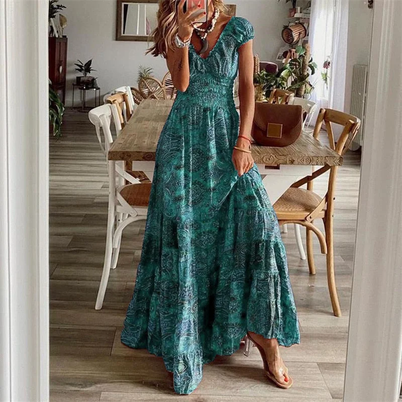 Summer Vintage Long Dresses Women Bohemian Elegant Floral Print V Neck Robe Beach Holiday Casual Big Swing Maxi Dresses Trendy V-Neck Maxi Dress