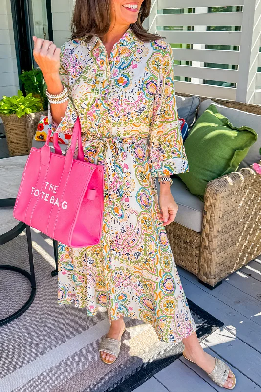 White Paisley Print Buttoned Knotted High Waist Midi Dress Cozy Midi Dress with Pockets White Paisley Print Buttoned Knotted High Waist Midi Dress Cozy Midi Dress with Pockets